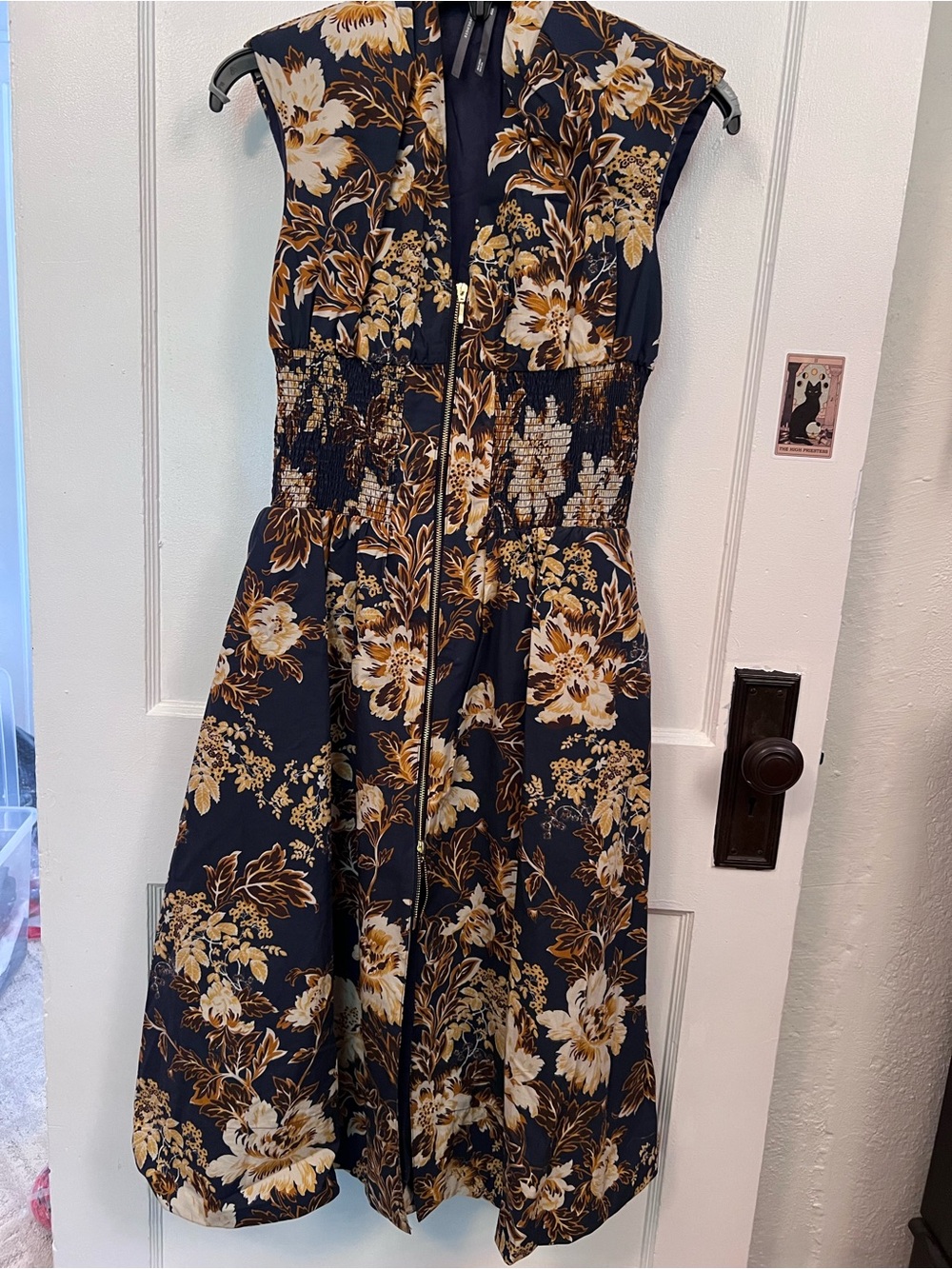 Anthropologie Navy Floral Midi Dress with Gold and Cream Accents